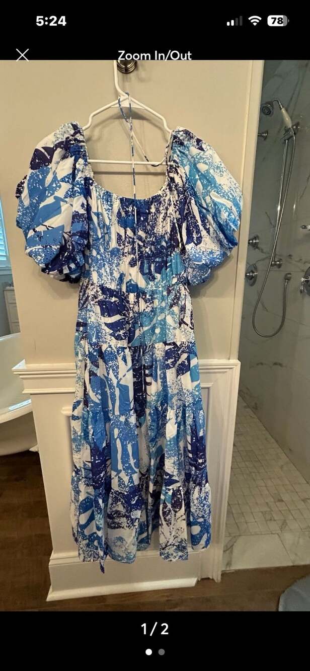 Aleeza Paris Cobalt Tide Blue and White Floral Puff Sleeve Tiered Maxi Dress